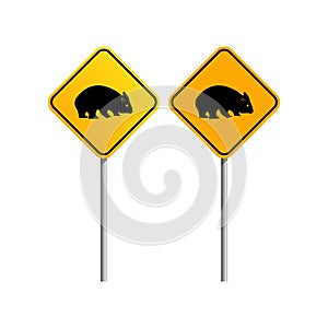 Autralian wildlife wombats road sign with blue sky and cloud background