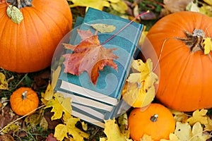 autum Books.Back to school.Halloween Books.Study and education. stack of books,maple leaves and pumpkins in autumn