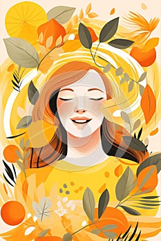 Autum happy nature meditating women leaf fall cartoon active character cute