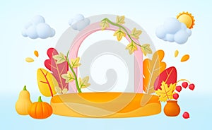 Autumn 3d background. Fall leaves, pumpkin and seasonal plants. Leaf and 3d empty platform podium, arch nature