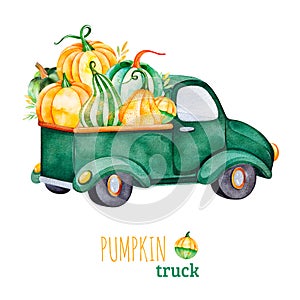 Autumn abstract retro car with pumpkins and leaves.Watercolor illustration.Perfect for your autumn project,invitations,greeting ca