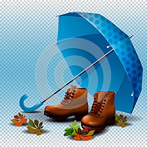Autumn accessories. Blue umbrella and brown boots. Illustration for the autumn sale.