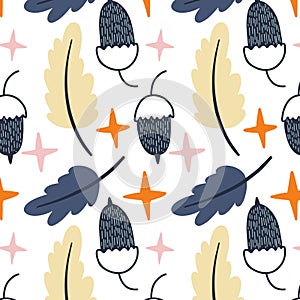 Autumn acorn, leaves and stars scandinavian style seamless pattern.