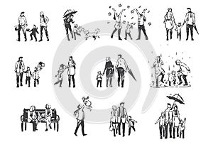 Autumn activities, people in demi-season clothes concept sketch. Hand drawn isolated vector