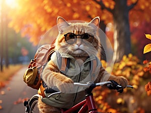 Autumn Adventure Sporty Cat Pedaling into Sunset on a Mountain Bike Through the Enchanted Forest