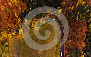 Autumn aerial drone view on curvy road with cars