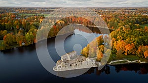 Autumn Aerial Landscapeof Old Koknese Castle Ruins and River Daugava Located in Koknese Latvia.