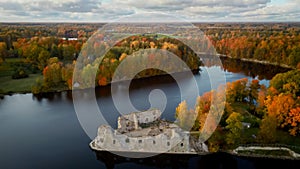 Autumn Aerial Landscapeof Old Koknese Castle Ruins and River Daugava Located in Koknese Latvia.