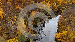 Autumn aerial look down on river in vibrant forest