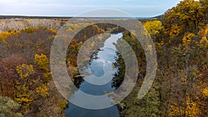 Autumn aerial river scenery with forest riverside