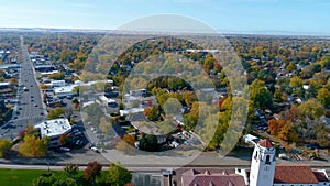 Autumn aerial view of city park and depot