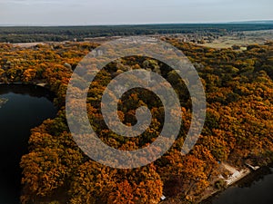 Autumn aerial view on colorful forest near river