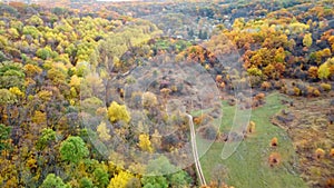 Autumn aerial view on dirt road in colorful forest