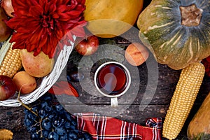 Autumn aesthetic rustic still life: fruits, vegetables and cup of tea: pumpkin, pears, apple, melon, grape and corn