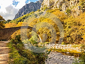 autumn in agios vissarion arched bridge in trikala perfecure greece