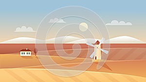 Autumn agriculture landscape vector illustration, cartoon flat autumnal panorama scenery with windmill and farm village