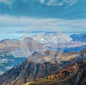 Autumn alpine Dolomites mountain scene near Pordoi Pass, Trentino , Italy