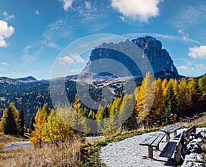 Autumn alpine Dolomites rocky mountain scene, Sudtirol, Italy. Peaceful view near Gardena Pass