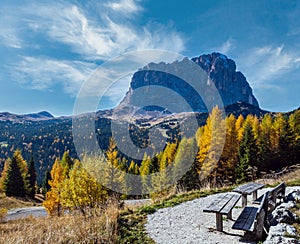 Autumn alpine Dolomites rocky mountain scene, Sudtirol, Italy. Peaceful view near Gardena Pass