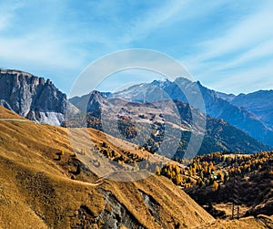 Autumn alpine Dolomites rocky mountain scene, Sudtirol, Italy. Peaceful view near Sella Pass