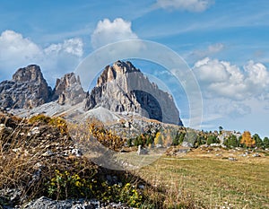 Autumn alpine Dolomites rocky mountain scene, Sudtirol, Italy. Peaceful view near Sella Pass