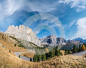 Autumn alpine Dolomites rocky mountain scene, Sudtirol, Italy. Peaceful view near Sella Pass