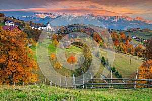 Autumn alpine rural landscape near Brasov, Magura, Transylvania, Romania, Europe