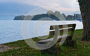 Autumn Alps mountain lake Attersee view, Salzkammergut, Upper Austria