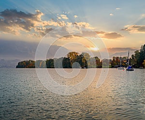 Autumn Alps mountain lake Attersee view, Salzkammergut, Upper Austria