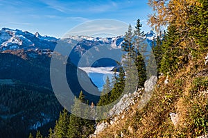 Autumn Alps mountain misty morning view from Jenner Viewing Platform, Schonau am Konigssee, Berchtesgaden national park, Bavaria, photo