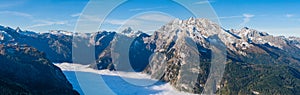 Autumn Alps mountain misty morning view from Jenner Viewing Platform, Schonau am Konigssee, Berchtesgaden national park, Bavaria, photo