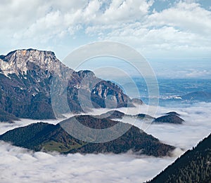 Autumn Alps mountain misty morning view from Jenner Viewing Platform, Schonau am Konigssee, Berchtesgaden national park, Bavaria, photo