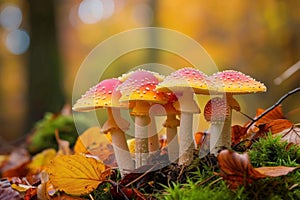 Autumn amanita mushrooms in forest