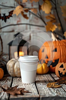 Autumn Ambience with Blank Takeaway Coffee Cup, Halloween Decorations, and Fall Leaves