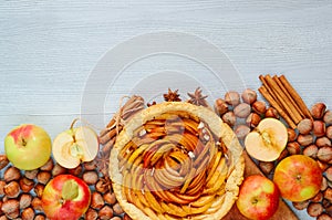 Autumn apple pie decorated with various ingredients - fresh sliced apples, hazelnuts, spices - anise, cinnamon. Thanksgiving tart