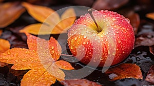 Autumn apple resting on colorful leaves