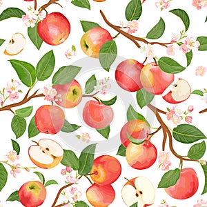 Autumn apple seamless pattern. Summer fruits, leaves, flowers vector background. Watercolor texture