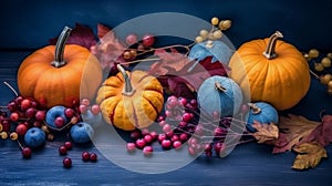 Autumn arrangement orange pumpkins, red berryries and leaves adorns a table against a textured navy blue wall. Autumn background.