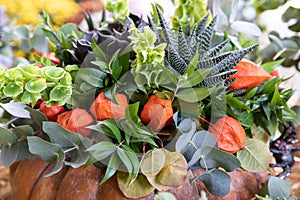 Autumn arrangement of physalis, succulents, eucalyptus and other plants in pumpkin at the greek garden shop in October