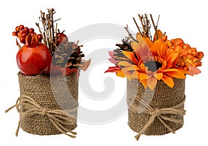 Autumn arrangement - pot with artificial granat, sunflower and cones isolated.