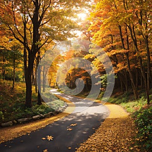 Autumn. Autumn forest. Forest with sunlight. Path in forest through trees with vivid colorful leaves.