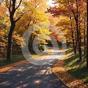 Autumn. Autumn forest. Forest with sunlight. Path in forest through trees with vivid colorful leaves.