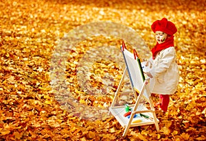 Autumn Baby Artist Painting Fall Yellow Leaves, Creative Kid