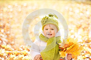 Autumn Baby, Happy Kid Outdoors Portrait with Yellow Fall Leaves