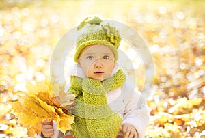 Autumn Baby Portrait In Fall Yellow Leaves, Little