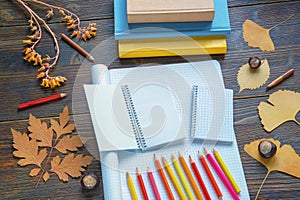 Autumn, back to school. Books, colored pencils and open notebooks