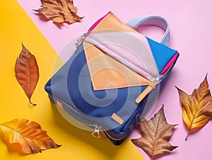 Autumn back to school concept ai generated image of backpack on bright background with copy space