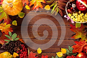 Autumn background with basket, yellow maple leaves, grapes, red apples. Frame of fall harvest on aged wood with copy space