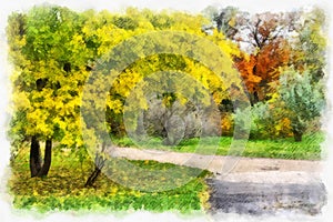 Autumn background beautiful colorful landscape nature park with trees in watercolor artistic style pattern.