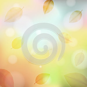 Autumn background blur with leaf fall. Abstract light square background in blue, green, yellow, orange and brown tones for poster